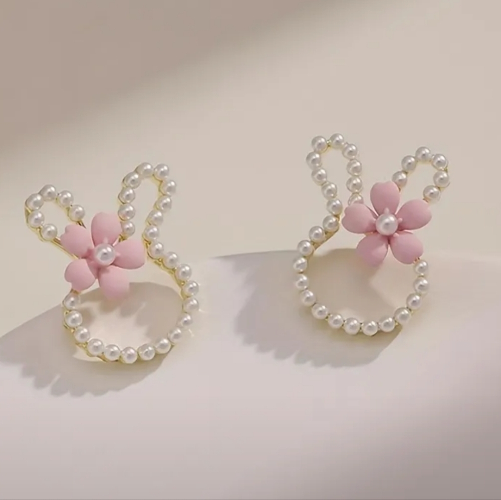 Elegant Pink Rabbit Floral Pearl Earrings
